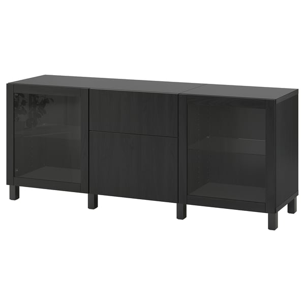 BESTÅ storage combination with drawers, black-brown Lappviken/Sindvik/Stubbarp black-brown clear glass, 180x42x74 cm