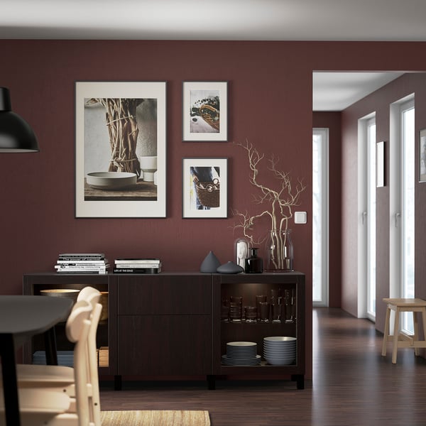 BESTÅ storage combination with drawers, black-brown Lappviken/Sindvik/Stubbarp black-brown clear glass, 180x42x74 cm