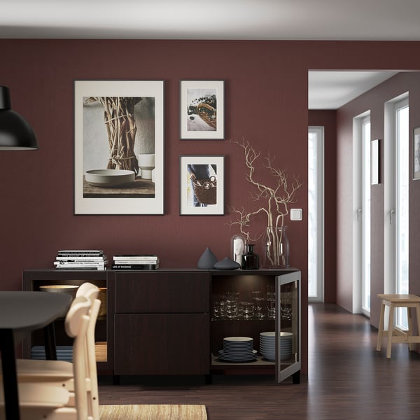 BESTÅ storage combination with drawers, black-brown Lappviken/Sindvik/Stubbarp black-brown clear glass, 180x42x74 cm