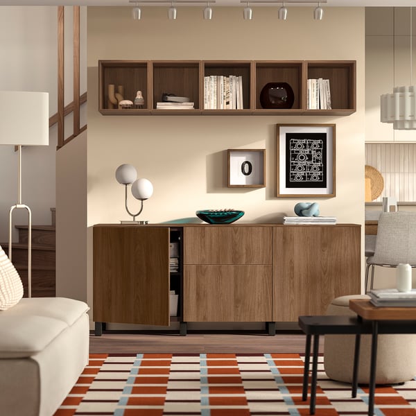 BESTÅ furniture with drawers, brown-black/Lappviken/Stubbarp walnut effect, 180x42x75 cm