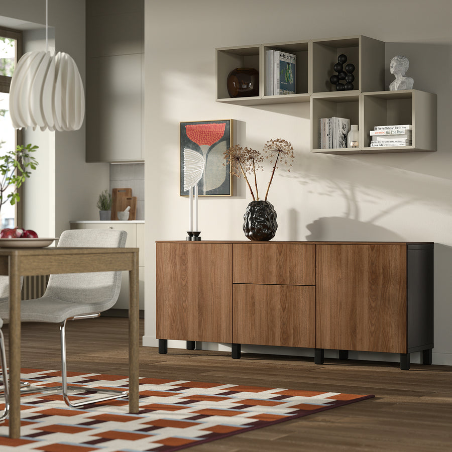 BESTÅ storage combination with drawers, black-brown/Lappviken/Stubbarp walnut effect, 180x42x75 cm