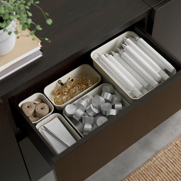 BESTÅ - Storage combination with drawers, black-brown Lappviken/Stubbarp/light grey-beige clear glass, 180x42x74 cm