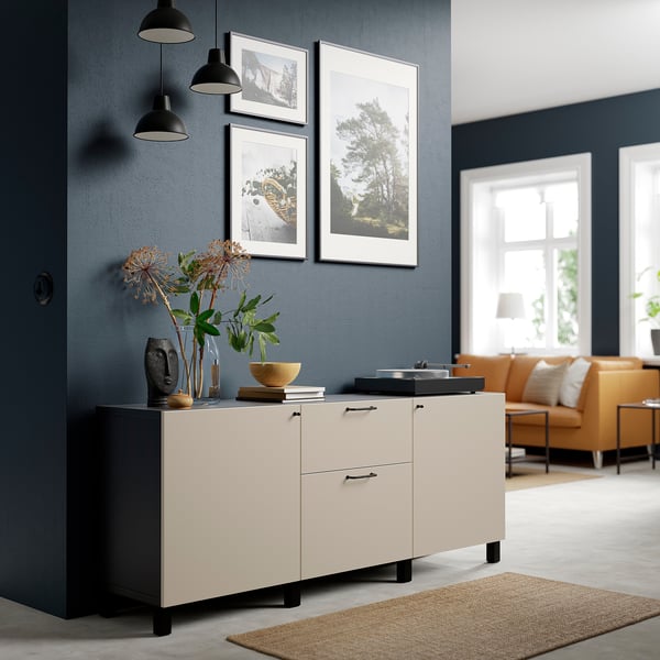 BESTÅ - BESTÅ Storage combination with drawers, black-brown/Lappviken/Stubbarp light grey-beige, 180x42x74 cm