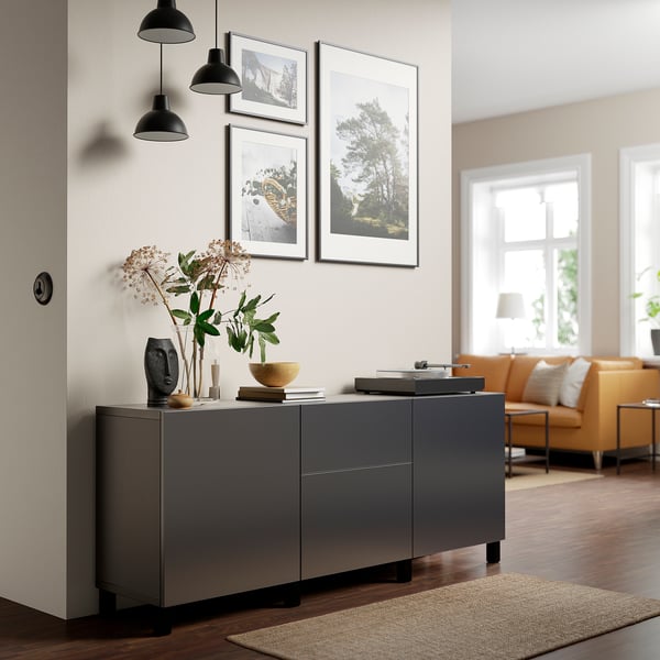BESTÅ - BESTÅ Storage combination with drawers, black-brown/Riksviken brushed dark pewter effect, 180x42x74 cm