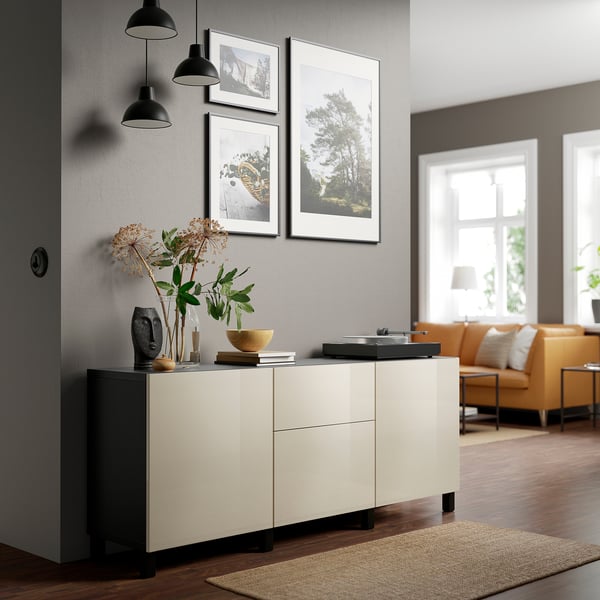 BESTÅ storage combination with drawers, black-brown/Selsviken/Stubbarp high-gloss/beige, 180x42x74 cm