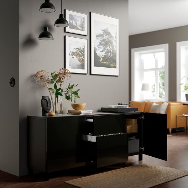 BESTÅ storage combination with drawers, black-brown/Selsviken/Stubbarp high-gloss/black, 180x42x74 cm