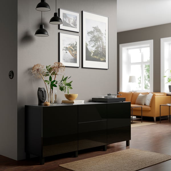 BESTÅ storage combination with drawers, black-brown/Selsviken/Stubbarp high-gloss/black, 180x42x74 cm