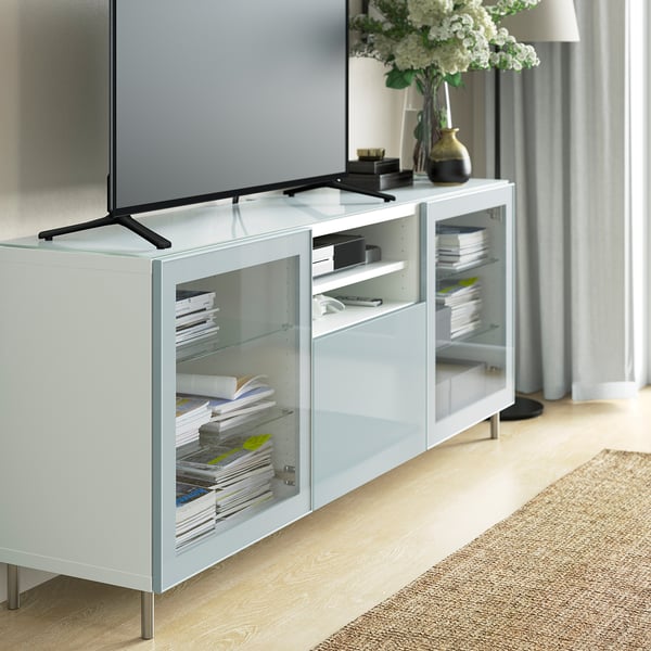 BESTÅ - BESTÅ Top panel for TV, glass white/light green, 180x40 cm