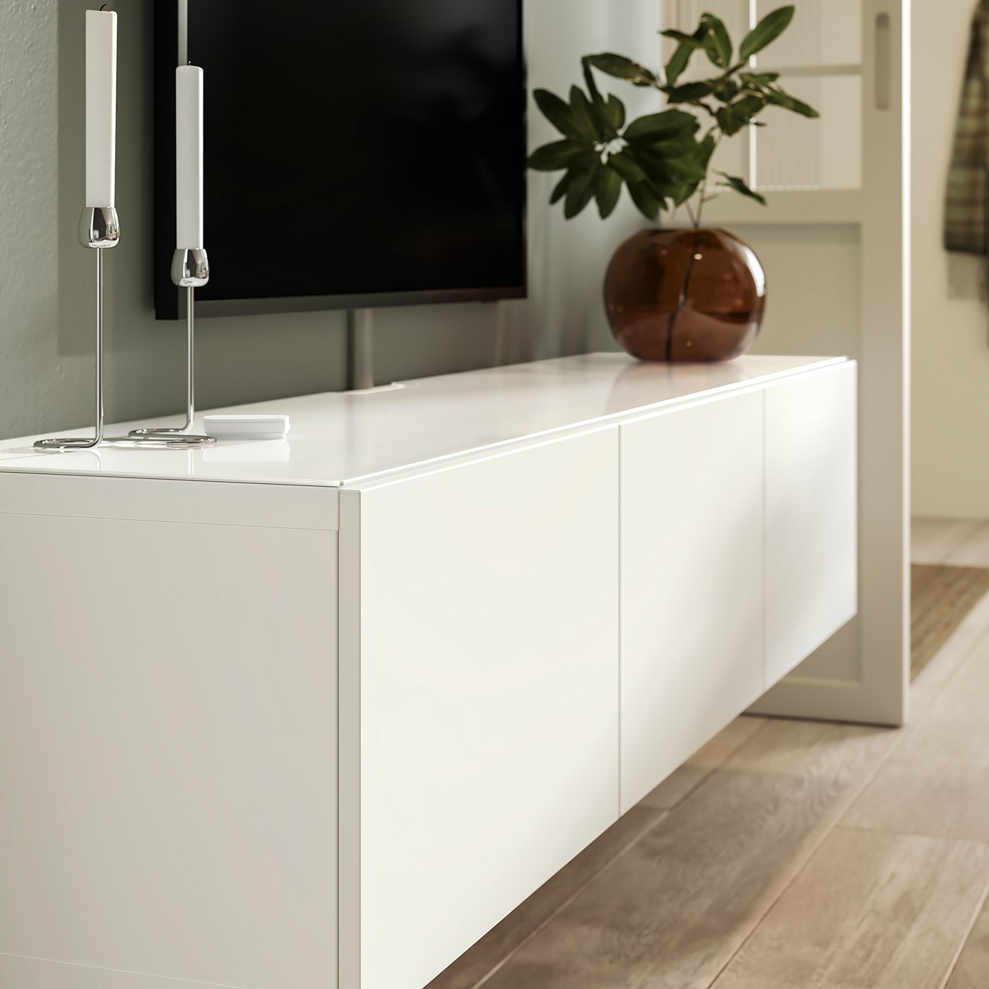 BESTÅ top panel for TV, glass/white, 180x40 cm