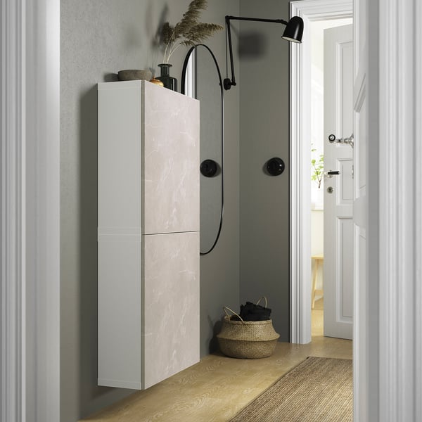 BESTÅ wall cabinet with 2 doors, white Bergsviken/beige marble effect, 60x22x128 cm