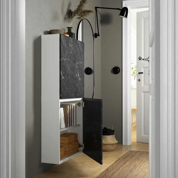 BESTÅ - Wall cabinet with 2 doors, white Bergsviken/black marble effect, 60x22x128 cm