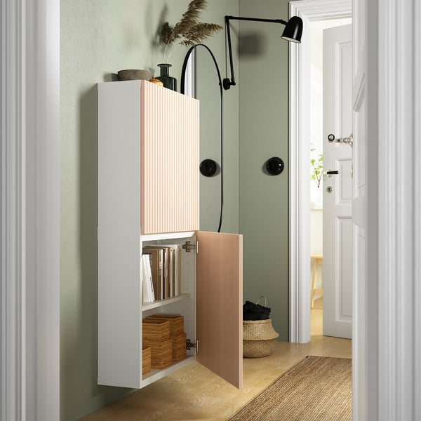 BESTÅ - BESTÅ Wall cabinet with 2 doors, white/Björköviken birch veneer, 60x22x128 cm