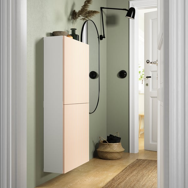 BESTÅ - BESTÅ Wall cabinet with 2 doors, white/Björköviken birch veneer, 60x22x128 cm