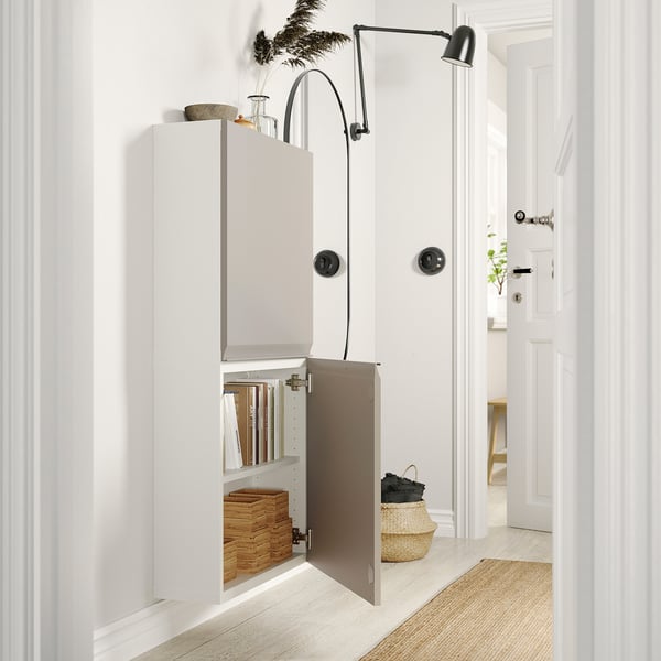 BESTÅ wall cabinet with 2 doors, white/Hammarsmed beige, 60x22x128 cm