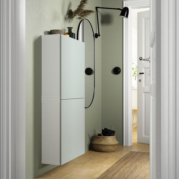BESTÅ wall cabinet with 2 doors, white/Hjortviken pale grey-green, 60x22x128 cm