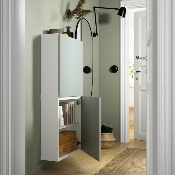 BESTÅ - BESTÅ Wall cabinet with 2 doors, white/Hjortviken pale grey-green, 60x22x128 cm