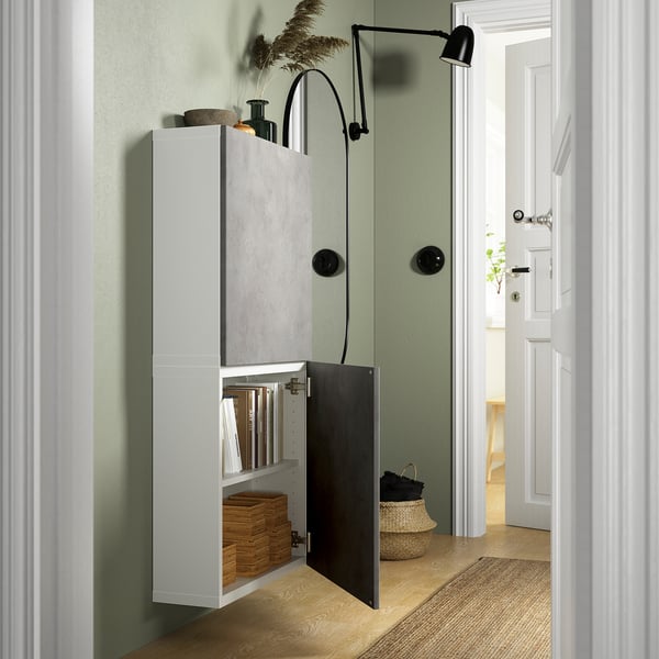 BESTÅ - BESTÅ Wall cabinet with 2 doors, white Kallviken/light grey concrete effect, 60x22x128 cm