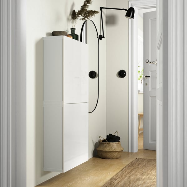 BESTÅ wall cabinet with 2 doors, white/Selsviken high-gloss/white, 60x22x128 cm