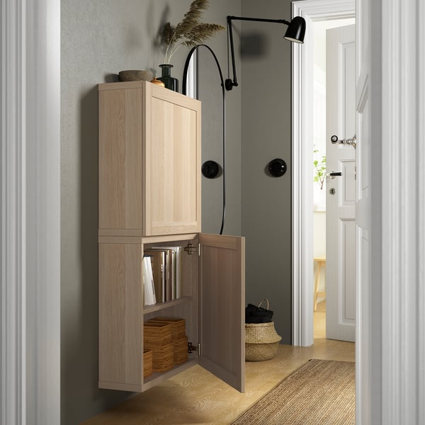 BESTÅ wall cabinet with 2 doors, white stained oak effect/Hanviken white stained oak effect, 60x22x128 cm