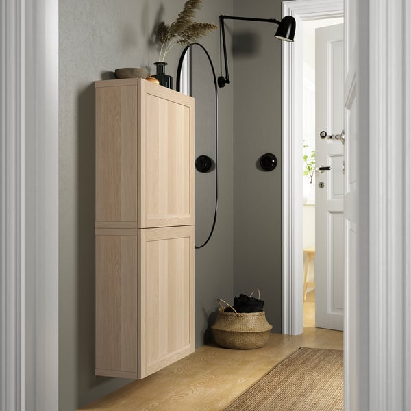 BESTÅ wall cabinet with 2 doors, white stained oak effect/Hanviken white stained oak effect, 60x22x128 cm