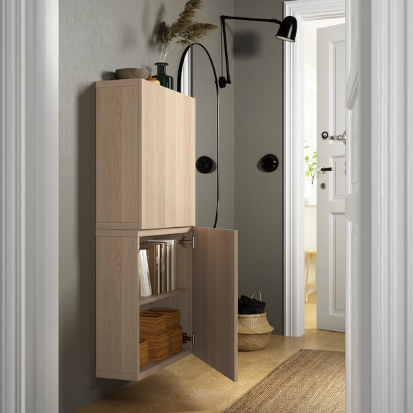 BESTÅ wall cabinet with 2 doors, white stained oak effect/Lappviken white stained oak effect, 60x22x128 cm
