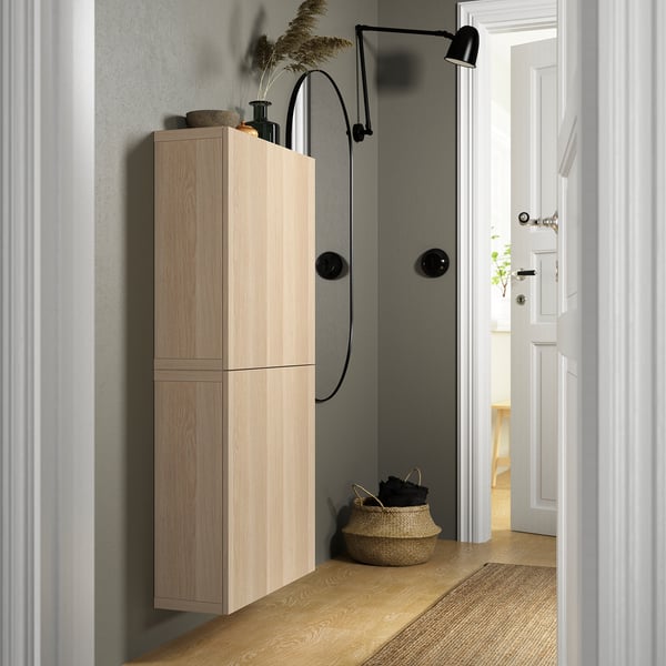 BESTÅ - BESTÅ Wall cabinet with 2 doors, white stained oak effect/Lappviken white stained oak effect, 60x22x128 cm