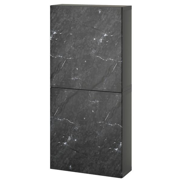 BESTÅ wall cabinet with 2 doors, dark grey Bergsviken/black marble effect, 60x22x128 cm
