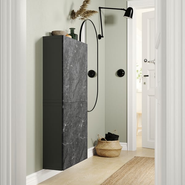 BESTÅ - Wall cabinet with 2 doors, dark grey Bergsviken/black marble effect, 60x22x128 cm