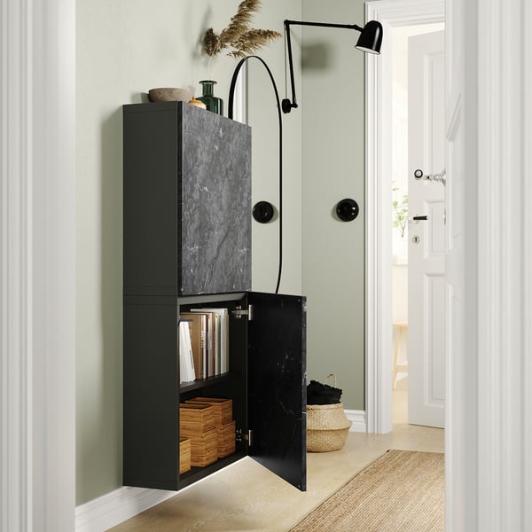 BESTÅ - Wall cabinet with 2 doors, dark grey Bergsviken/black marble effect, 60x22x128 cm