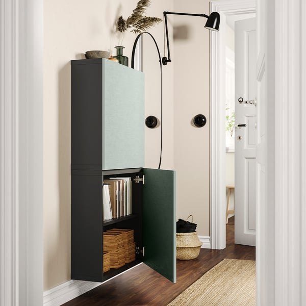 BESTÅ wall cabinet with 2 doors, dark grey/Hjortviken pale grey-green, 60x22x128 cm