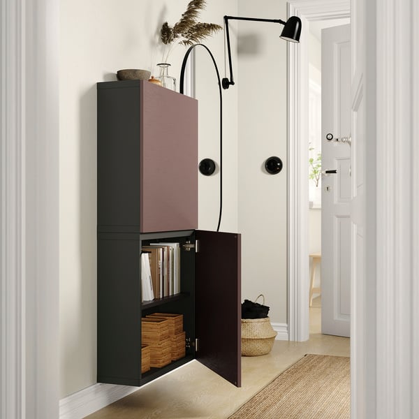 BESTÅ wall cabinet with 2 doors, dark grey/Hjortviken brown, 60x22x128 cm