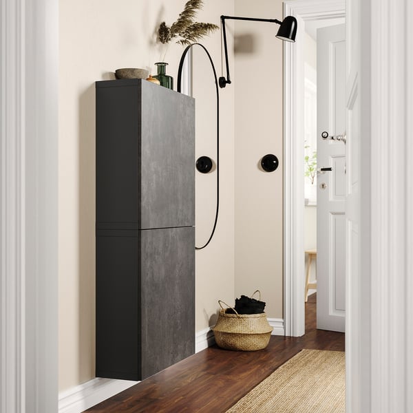 BESTÅ wall cabinet with 2 doors, dark grey Kallviken/dark grey concrete effect, 60x22x128 cm
