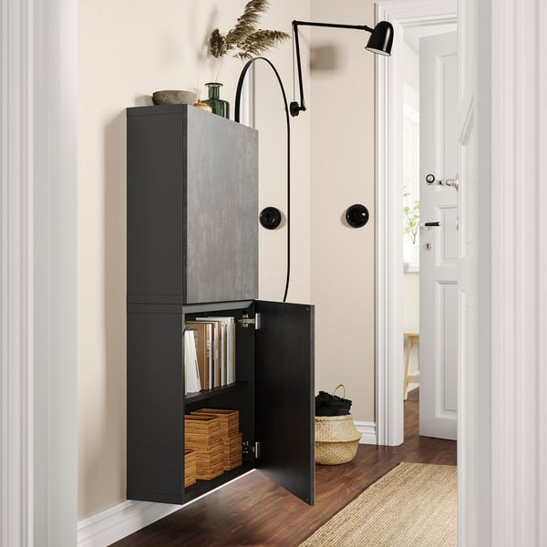 BESTÅ wall cabinet with 2 doors, dark grey Kallviken/dark grey concrete effect, 60x22x128 cm