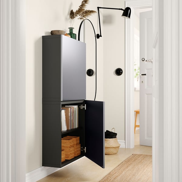 BESTÅ - BESTÅ Wall cabinet with 2 doors, dark grey/Riksviken brushed dark pewter effect, 60x22x128 cm