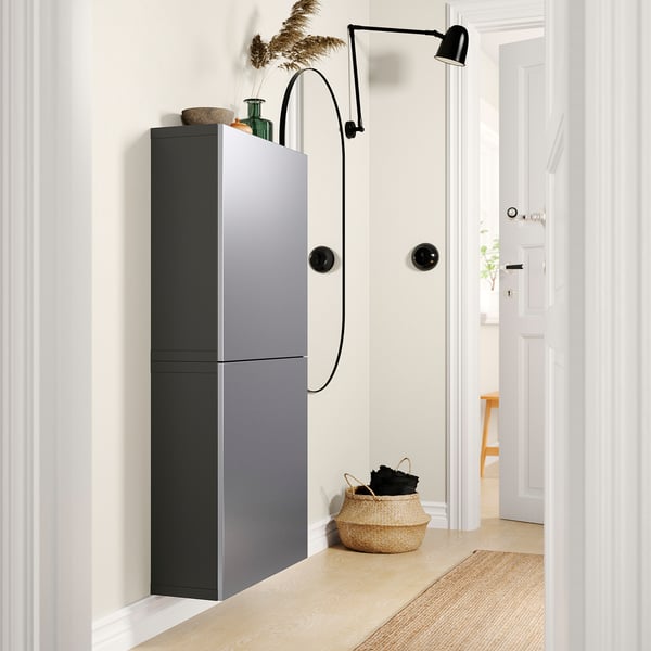 BESTÅ - BESTÅ Wall cabinet with 2 doors, dark grey/Riksviken brushed dark pewter effect, 60x22x128 cm
