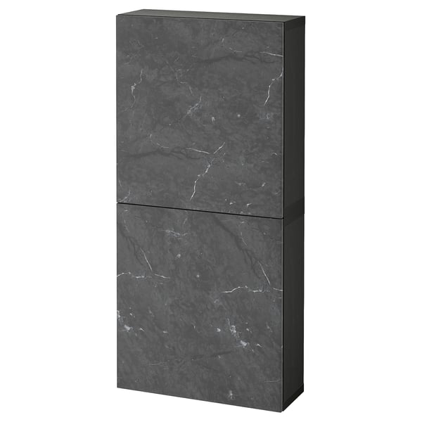 BESTÅ - Wall cabinet with 2 doors, black-brown Bergsviken/black marble effect, 60x22x128 cm