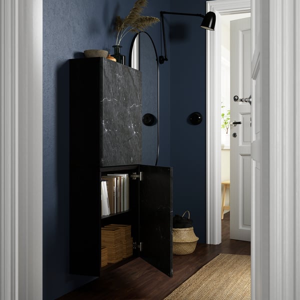 BESTÅ - Wall cabinet with 2 doors, black-brown Bergsviken/black marble effect, 60x22x128 cm