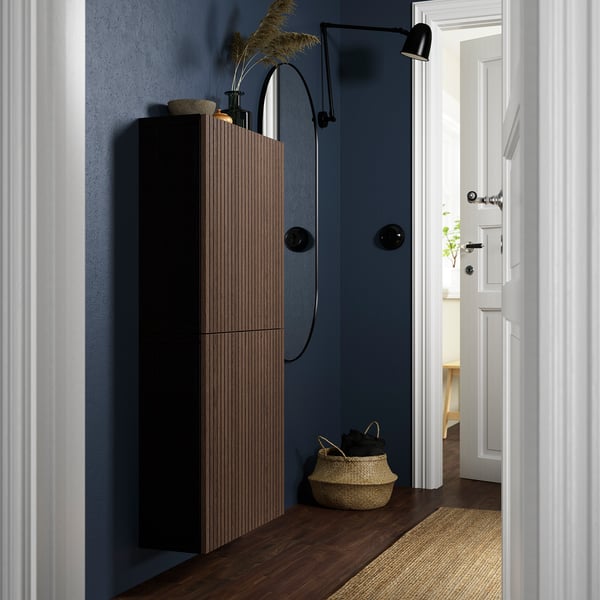 BESTÅ wall cabinet with 2 doors, black-brown Björköviken/brown stained oak veneer, 60x22x128 cm