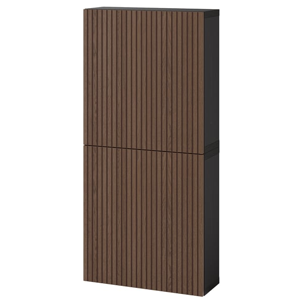 BESTÅ - BESTÅ Wall cabinet with 2 doors, black-brown Björköviken/brown stained oak veneer, 60x22x128 cm