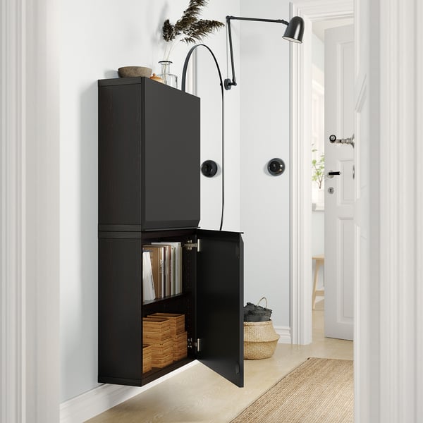 BESTÅ - BESTÅ Wall cabinet with 2 doors, black-brown/Hammarsmed anthracite, 60x22x128 cm