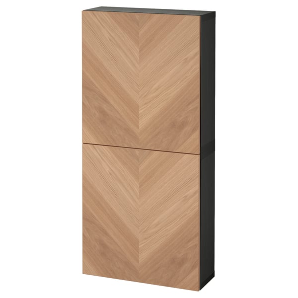 BESTÅ - BESTÅ Wall cabinet with 2 doors, black-brown/Hedeviken oak veneer, 60x22x128 cm
