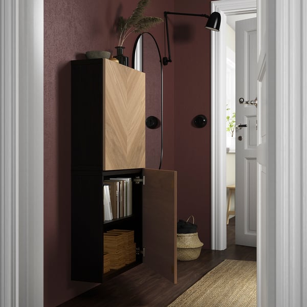 BESTÅ wall cabinet with 2 doors, black-brown/Hedeviken oak veneer, 60x22x128 cm