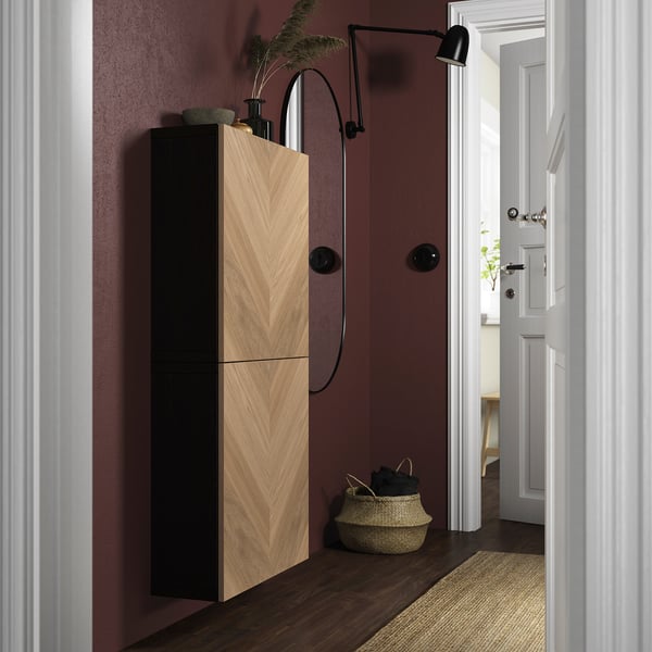 BESTÅ wall cabinet with 2 doors, black-brown/Hedeviken oak veneer, 60x22x128 cm