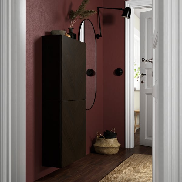BESTÅ wall cabinet with 2 doors, black-brown Hedeviken/dark brown stained oak veneer, 60x22x128 cm