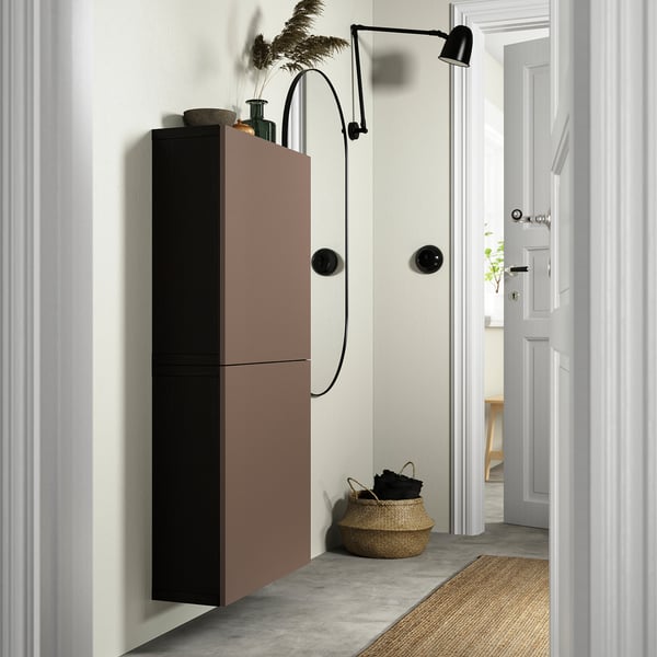 BESTÅ wall cabinet with 2 doors, black-brown/Hjortviken brown, 60x22x128 cm