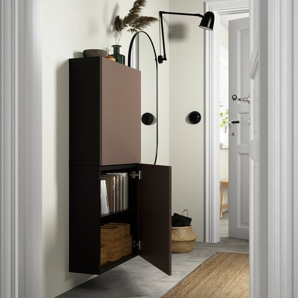 BESTÅ wall cabinet with 2 doors, black-brown/Hjortviken brown, 60x22x128 cm