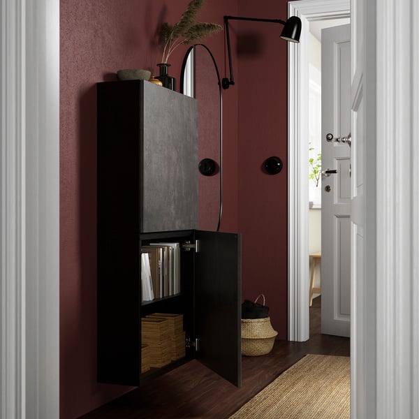 BESTÅ wall cabinet with 2 doors, black-brown Kallviken/dark grey concrete effect, 60x22x128 cm