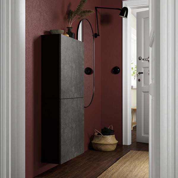 BESTÅ wall cabinet with 2 doors, black-brown Kallviken/dark grey concrete effect, 60x22x128 cm