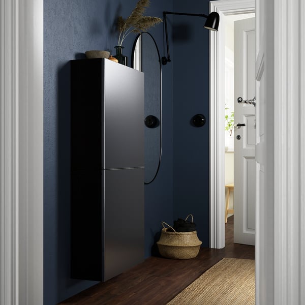 BESTÅ wall cabinet with 2 doors, black-brown/Riksviken brushed dark pewter effect, 60x22x128 cm