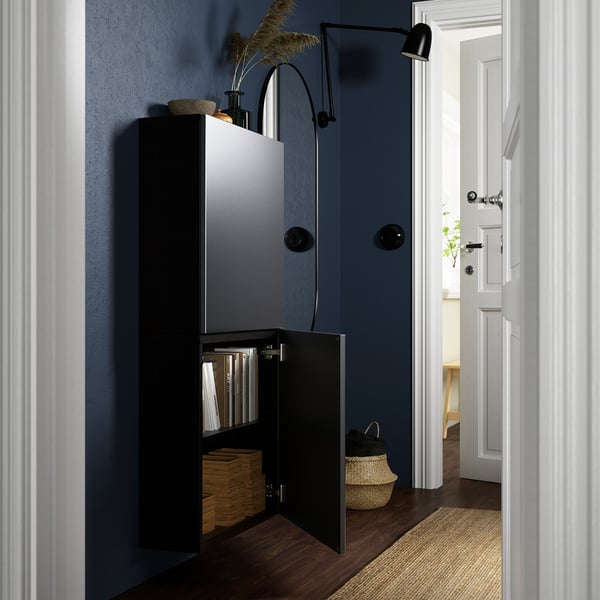 BESTÅ wall cabinet with 2 doors, black-brown/Riksviken brushed dark pewter effect, 60x22x128 cm